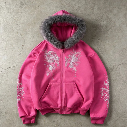 Women Pink Faux Fur Trim Glitter Thorn Print Zip Up Hoodie 2026 Y2K Sweet Cool Oversized Hooded Sweatshirt