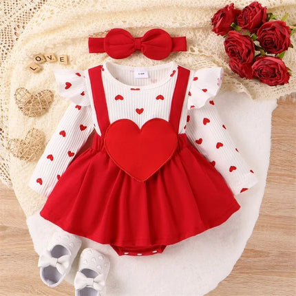Baby Girls Valentine's Day Romper Dress Long Sleeve Ruffle Heart Letter Print Romper with Headband