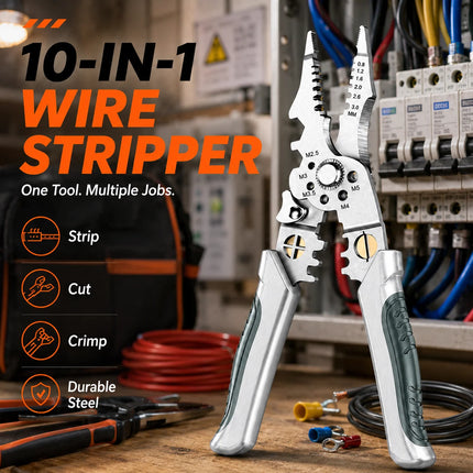 10-in-1 Professional Electrician Wire Stripper Pliers Heavy Duty Cable Cutting Crimping Tool Stainless Steel with Non-Slip Grip