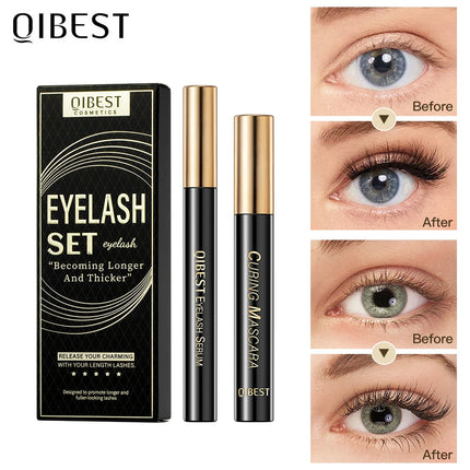 QIBEST Eyelash Makeup Set Eyebrow Eyelash Growth Serum Nourishing Enhance And 4D Black Mascara Curling Thick Lengthening Eyelash