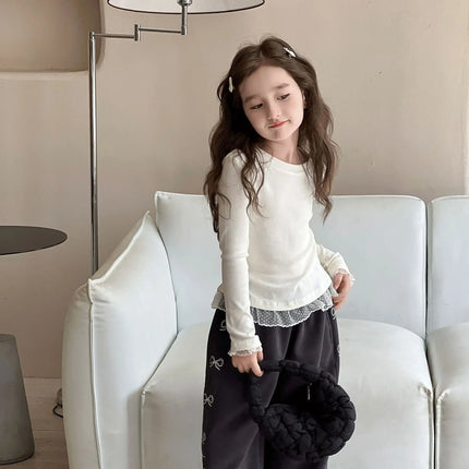 Girls Lace T-shirt 2024 Autumn New Slim Fit Girl Top Children Stylish Versatile High Elasticity Knitted Sweater