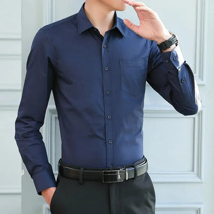 Men's Slim Fit Long Sleeve White Shirt Wedding Groomsmen Business Formal Korean Style Polyester Fiber Non-Iron Treatment