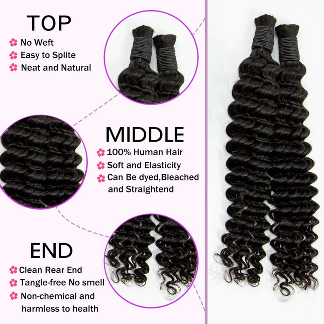 Natural Human Braiding Hair 26 28 Inch Deep Water Wave Bulk Human Hair for Boho Braids No Weft 16A Virgin Curly Hair Extensions
