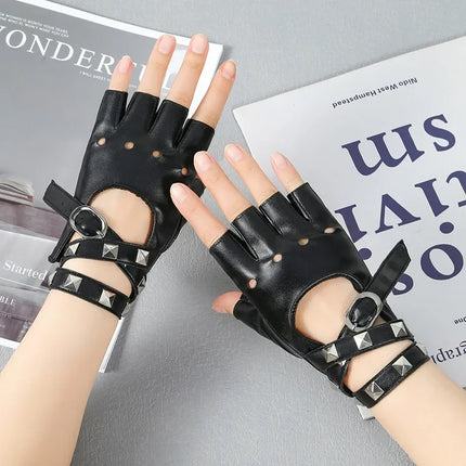 Punk Style Willow Nail Leather Half Finger Gloves for Women Cool Sexy Rock Dance Gloves Sexy Wrist Wrapping Hollow Gothic Gloves