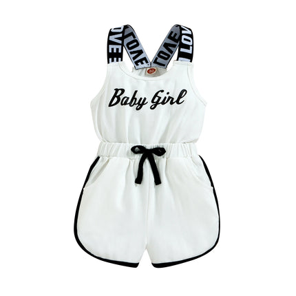 Toddler Kids Baby Girls Summer Romper, Sleeveless Crew Neck Letter Print Short Jumpsuit Elastic Waist Clothes 9M-4T