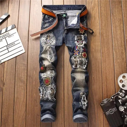New Korean Luxury Clothing Multi-ripped Jeans Men's Patch Slim Retro Style Fashion Personality Badge Beggar Cargo Trousers Man