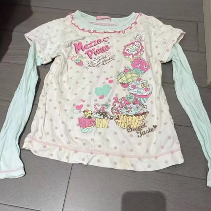 Cute Lolita Tee Women Japanese Harajuku Fairy Grunge Patchwork Tops Y2K Sweet Ruffle Detail Female Daily Outfit