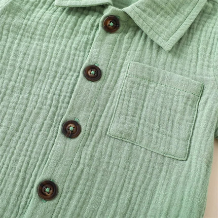 Cotton Linen Casual Toddler Baby Boys Summer Outfits Solid Short Sleeve Pocket Button Down Lapel Shirt + Shorts 2PCS Clothes Set