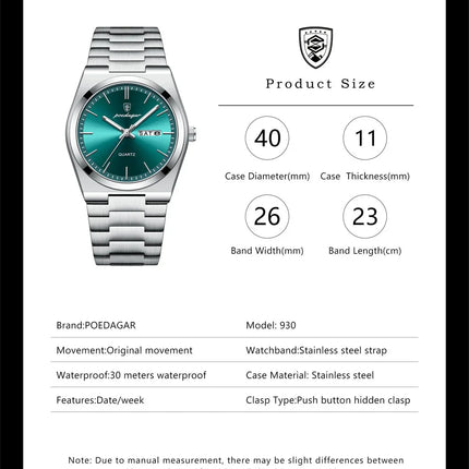 POEDAGAR Luxury Quartz Man Wristwatch Sport Men Watches Waterproof Luminous Date Week Stainless Steel Men's Watch Male Reloj