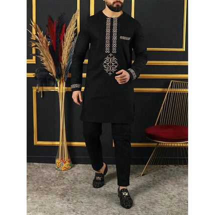 New Dashiki Men's Set Grey Round Neck Long Sleeve Luxury Brand Men's Suit Casual Slim Fit Men's Set Wedding Evening Suit