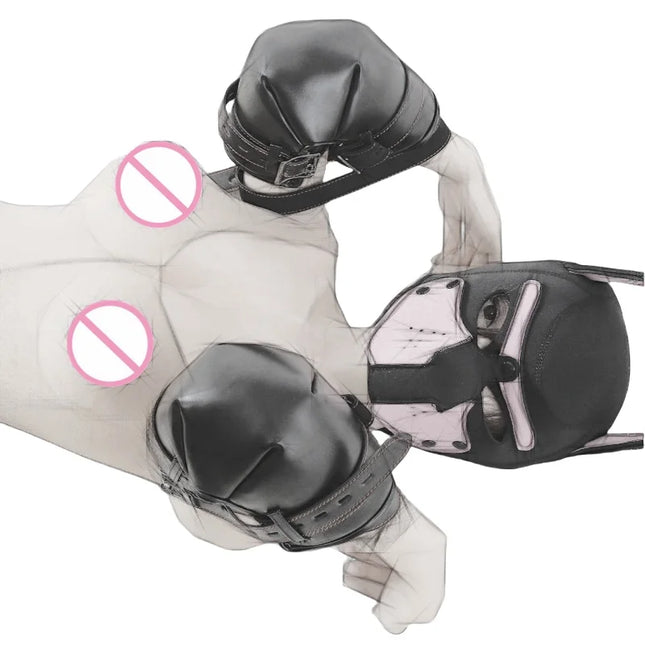 BDSM Leather Bondage Restraints Straps with Luxe Puppy Cosplay Dog Mask Hood for Fetish Slave Binding Erotic Costume