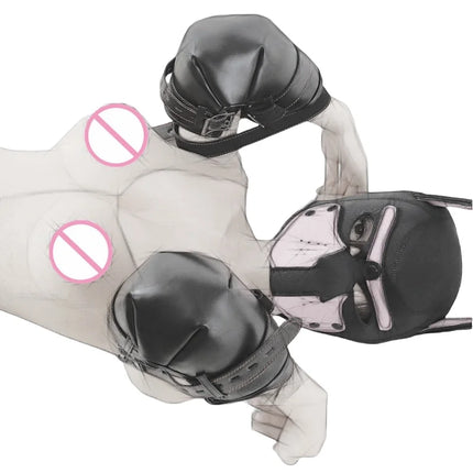 BDSM Leather Bondage Restraints Straps with Luxe Puppy Cosplay Dog Mask Hood for Fetish Slave Binding Erotic Costume