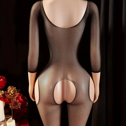 One Piece Crotchless Babydolls For Sexy Lingerie Women Long Sleeve Bodystocking Mesh Hollow Babydoll Dress Rose Erotic Underwear