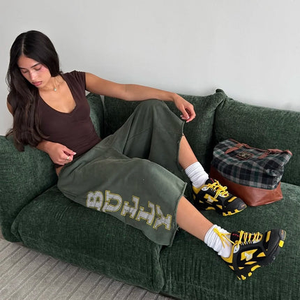 Y2K Retro Green Drawstring Shorts Reflective Print Distressed Bermuda Shorts American Casual Streetwear Unisex Baggy Sweatpants
