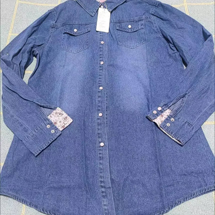 Slim Fit Mid-Length Long Sleeve Denim Shirt Women's Cotton Base Layer Shirt Autumn Winter Polo Collar Pocket Design Jeans Jacket