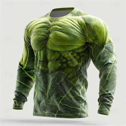 2026 New Men's Creative Muscle Texture Print T-Shirt Quick-Dry Crew Neck Long Sleeve Top Men's Casual Long Sleeve Pullover