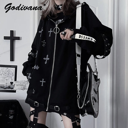 Original Gothic Cross Printed Loose Hoodie Jacket New Spring Women's Subculture Cool Rivet Drapey Zipper Coat Outwear