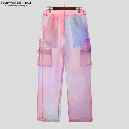 INCERUN 2025 Men Pants Mesh Gradient Button Oversize Pockets Straight Trousers Men Joggers Streetwear Joggers Fashion Long Pants