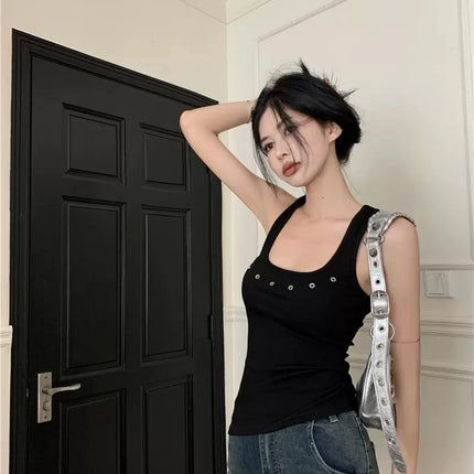White Hollow out Work Letter Strap Vest Women Summer Design Unique American Spicy Slim Fit Svel Top Outerwear