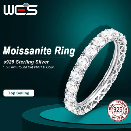 WES 2mm Full Eternity Moissanite Ring 925 Sterling Silver D Color VVS1 Stackable Wedding Band For Women Fine Jewelry