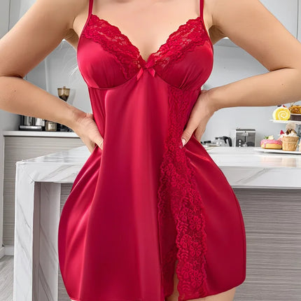 olid Color Lace Patchwork Sexy Short Dress with V-Neck, Spaghetti Straps, And a Slit; a Sleeveless Nightgown for Women