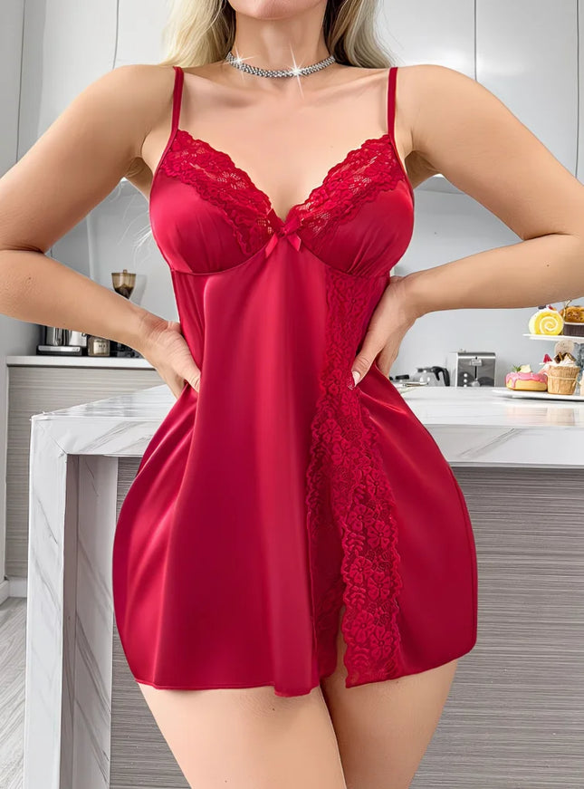 Solid Color Lace Patchwork Sexy Short Dress with V-Neck, Spaghetti Straps, and a Slit; a Sleeveless Nightgown for Women