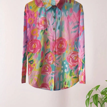 Plus Size 2025 New Women's Crushed Flower Printed Button Casual Shirt Trendy Fashion Polyester Best Choice for Spring and Summer