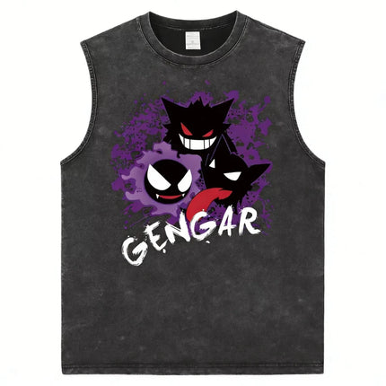Men's Gengar Gastly Haunter Pokemon Vintage Washed Tank Top, Casual Cotton Sleeveless Anime Tee