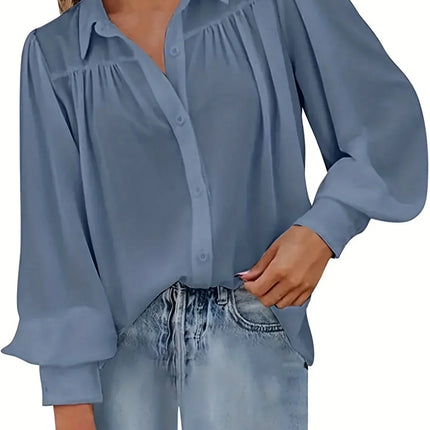 Women Fashion Plus Size 1XL-5XL Basic Blouse Ladoes Solid Button Up Lantern Sleeve Turn Down Collar Blouse Shirt