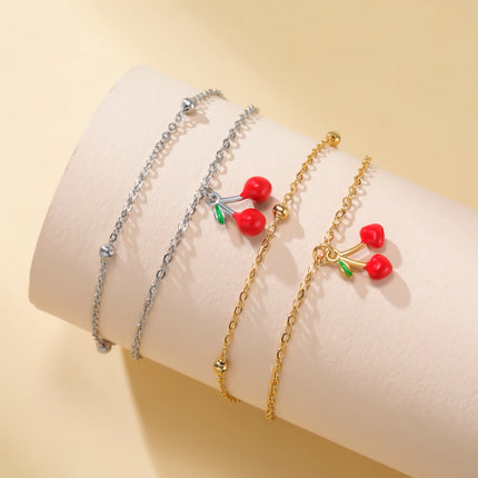 Teamer Enamel Cherry Charm Bracelet For Woman Gold Color Stainless Steel Double Bead Chain Fashion Birthday Friend Jewelry Gift