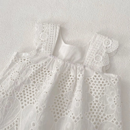 Summer Baby Girl Round Neck Sleeveless Lace Splicing Top+Clear Color Bag Pants 2-piece Set