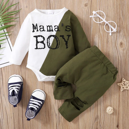 PatPat 2pcs Baby Letter Print Color Block Long-sleeve Romper and Hollow-out Trousers Set Soft and Comfortable