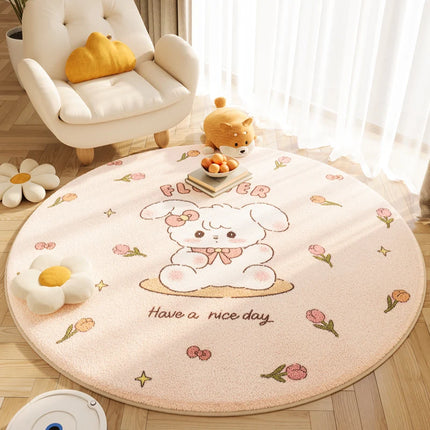 VIKAMA Cute Cartoon Living Room Round Flannel Carpet, Bedroom Bedside Anti-Slip And Cooling Rug, Home Decoration