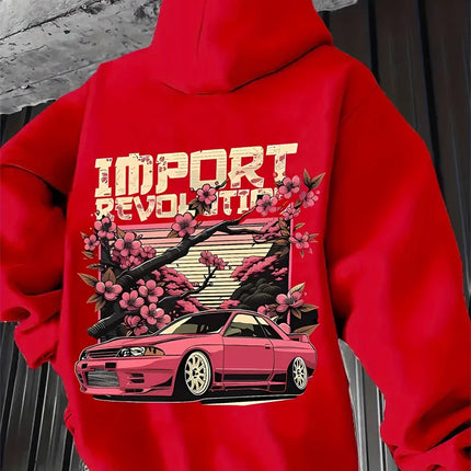 Men's Casual Hoodie, Cherry Blossom and Racing Pattern Print, "import Revolution" Text, Regular Style Autumn and Winter Pullover