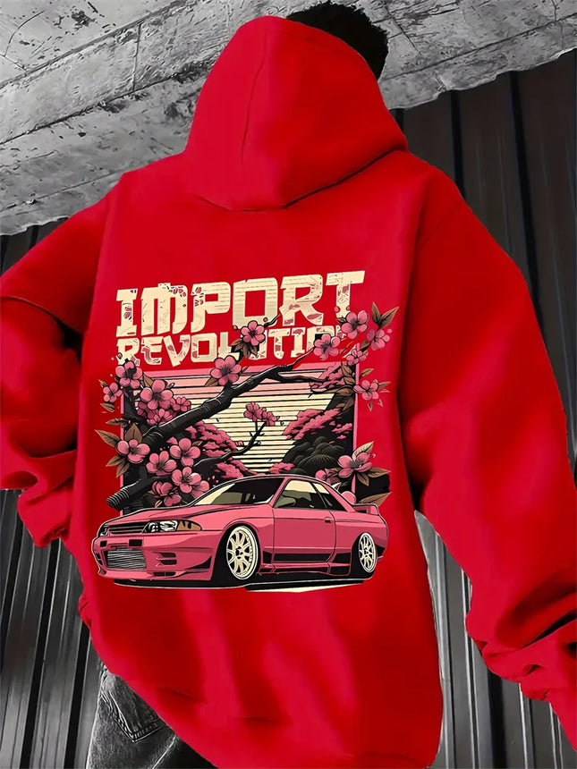 Men's Casual Hoodie, Cherry Blossom and Racing Pattern Print, "import Revolution" Text, Regular Style Autumn and Winter Pullover