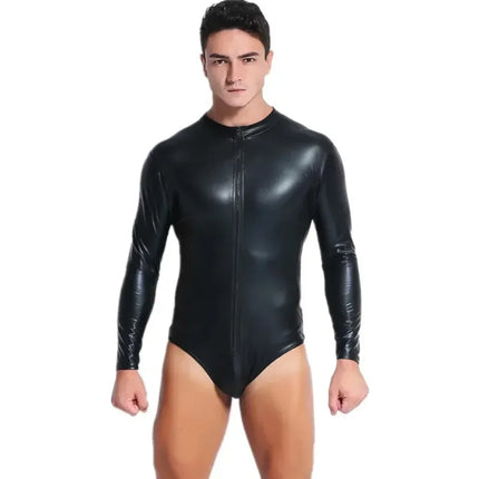 Black Long Sleeve Shiny PU Leather Bodysuit Zipper Hot Shapers Men Body Tops Shirts Gothic Tights Clubwear Tshirt Leotard
