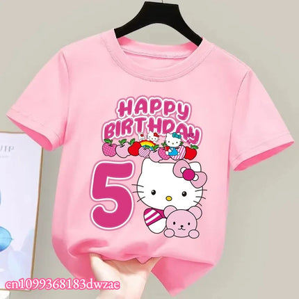 2026 New Hello Kitty Birthday Kids Short Sleeved Fashion Printed Boys and Girls Summer Clothes Short Sleeved Baby Cotton T-shirt