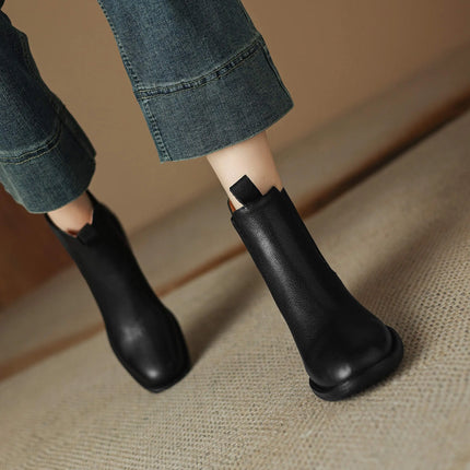 Krazing Pot Big Size 34-43 Cow Leather Round Toe High Heels Retro Modern Chelsea Boots Warm Winter Shoes Motorcycles Ankle Boots