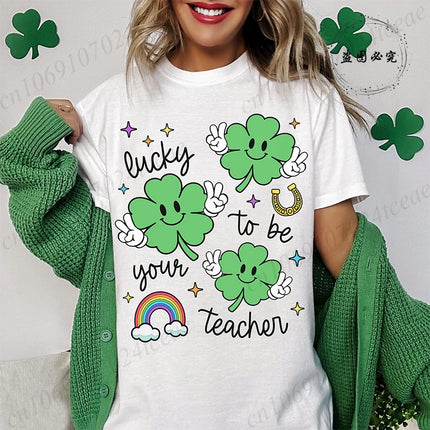 St Patrick's Day Teacher Shirt, Lucky Teacher Women's T-Shirts，Retro T-Shirts，unisex Tops Tees,short Sleeve Women's Clothing