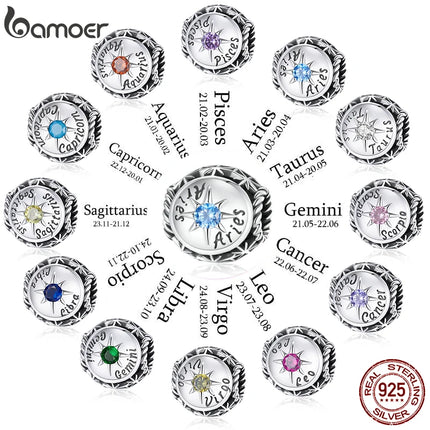 BAMOER Zodiac Star Sign 925 Sterling Silver Charm Beads Fit for Charm Bracelets, 12 Constellations Cubic Zirconia Charm SCC1725