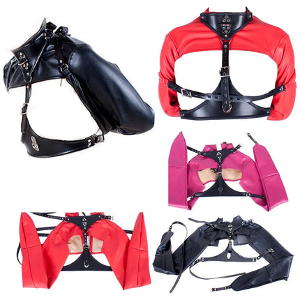 Leather Exposed Nipples Bra Straitjack Bondage Arm Restraints Sleeve Adult Training Tool Dog Collar for Couples BDSM Accessories