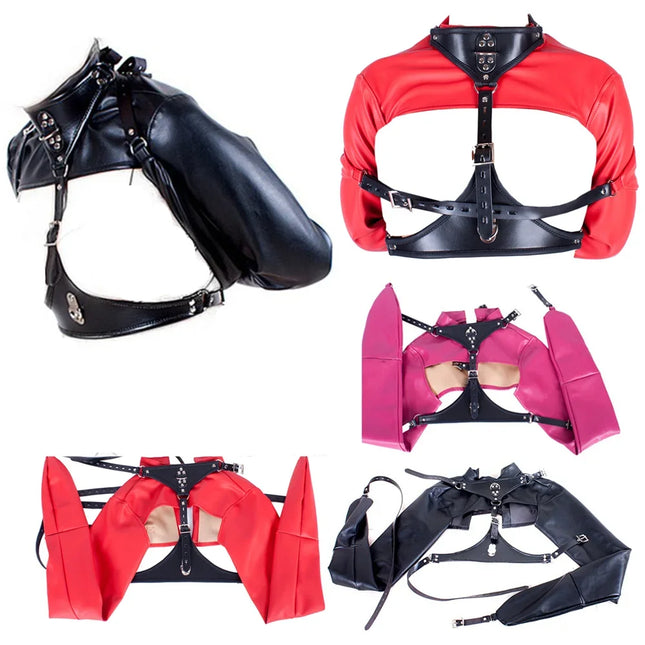 Leather Exposed Nipples Bra Straitjack Bondage Arm Restraints Sleeve Adult Training Tool Dog Collar for Couples BDSM Accessories