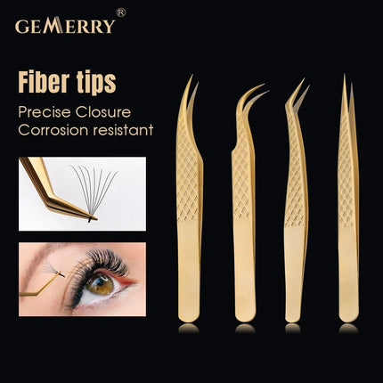 Gemerry  Eyelash Extension Tweezers With Fiber Tips Golden Stainless Steel High Precision Tweezer for Volume Fans Makeup Tools