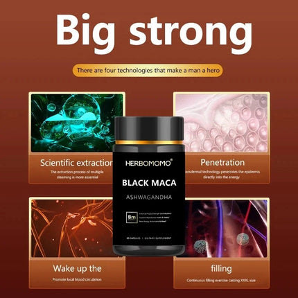 Natural Black Maca Booster for Men, Maca Root Capsules ，Ginseng Increase Endurance, Boosts Energy & Strength