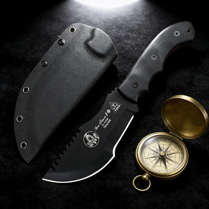 TOPS Tracker - Jungle Rescue Knife for the Outdoors, 1095 high-carbon steel, Micta handle, camping emergency knife