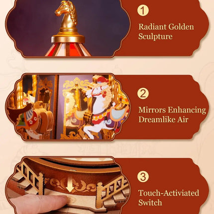 Robotime 3D Wooden Puzzle Carousel Music Box With LED Lights Gear Model Building Construction Craft Kits Xmas Gifts for Adult
