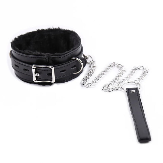 Faux Leather Plush Neck Choker Furry Collar with Metal Chain Drag Leash Lockable Harness BDSM Bondage Restraints Sex Toys