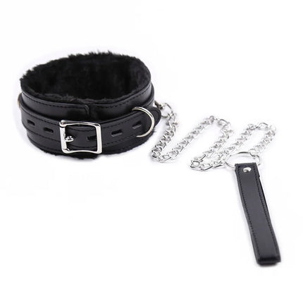 Faux Leather Plush Neck Choker Furry Collar with Metal Chain Drag Leash Lockable Harness BDSM Bondage Restraints  Sex Toys