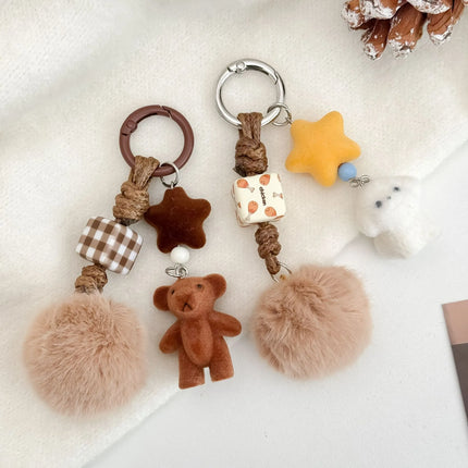 Korean ins cute bear pendant flocking puppy car key pendant handmade braided rope pendant hairball bag pendant