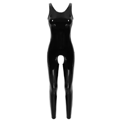 Wet Look Patent Leather Bodysuit High Elastic Bright Leather Crotchless Sleeveless Jumpsuit Nightclub Latex Catsuit For Women